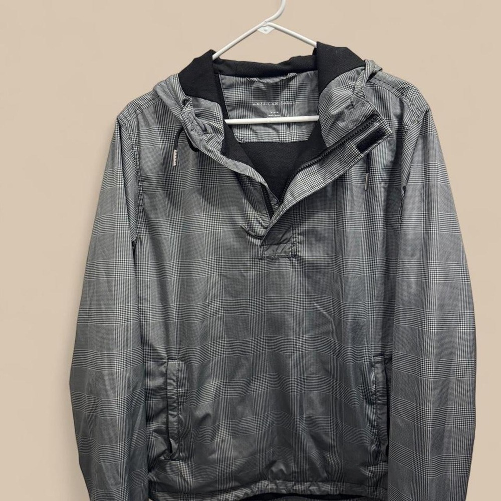 American Eagle Mens Plaid Anorak Jacket Gray Black Hooded Windbreaker Medium